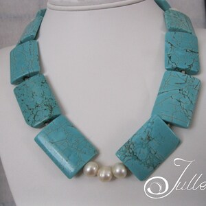 Giant Bright Tuquoise Block Beads and Pearl Necklace on Sterling Silver 925 Chain and Toggle  by Julleen Jewels on Etsy - SKU  AN029