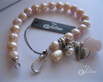 Pretty Rose Quartz, Heart Charm, Pink Pearl and Sterling Silver Hand Made Bracelet by Julleen Jewels