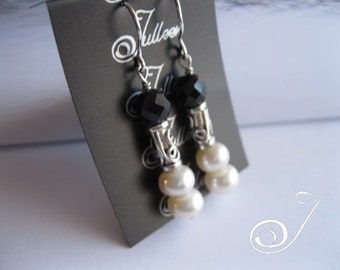 Elegant Black and Double White, Pearl, Facetted French Jet and Sterling Silver Designer Earring by Julleen Jewels