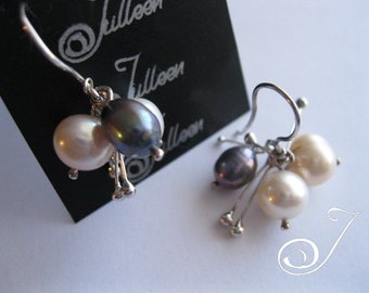 Gorgeous Triple Cluster Earring, Magnolia White, Blue Black, Pink Pearl and Sterling Silver Earring, by Julleen Jewels