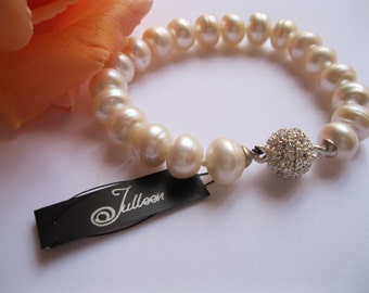 Huge White 11 mm Pearl Bracelet with Crystal Ball Magnetic Clasp and Sterling Silver Caps