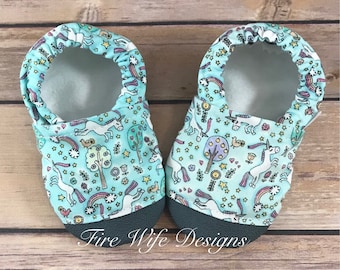 Rainbow Unicorn Forest Soft Sole Baby Shoes, Crib Shoes, Baby Slippers, Baby Booties, Baby Mocs, Vegan Baby Shoes