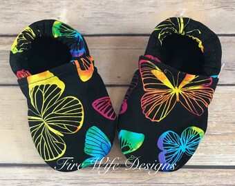 Rainbow Butterfly Soft Sole Baby Shoes, Crib Shoes, Baby Slippers, Baby Booties, Baby Mocs, Vegan Baby Shoes