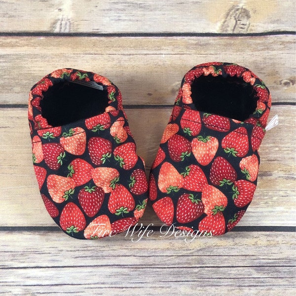 Strawberry Soft Sole Baby Shoes, Crib Shoes, Baby Slippers, Baby Booties, Baby Mocs, Vegan Baby Shoes