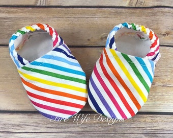 Rainbow Stripe Soft Sole Baby Shoes, Crib Shoes, Baby Slippers, Baby Booties, Baby Mocs, Vegan Baby Shoes