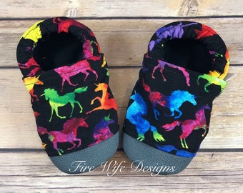 Rainbow Unicorn Soft Sole Baby Shoes, Crib Shoes, Baby Slippers, Baby Booties, Baby Mocs, Vegan Baby Shoes