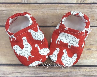 Farm Animal Soft Sole Baby Shoes, Crib Shoes, Baby Slippers, Baby Booties, Baby Mocs, Vegan Baby Shoes
