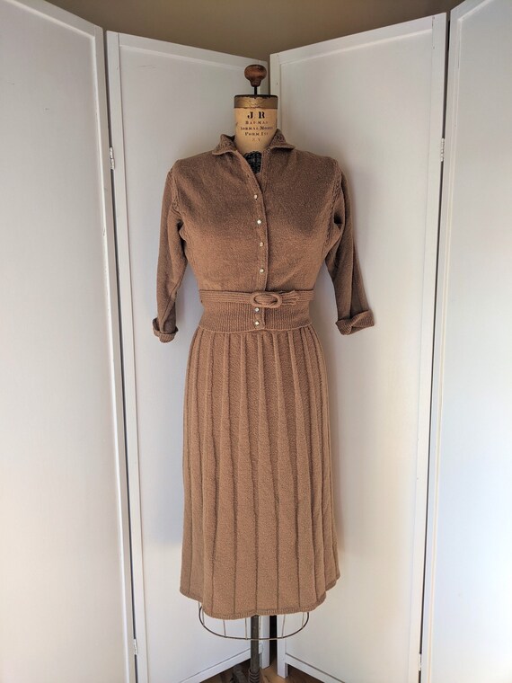 1950’s sweater set, mocha brown nubby textured kni