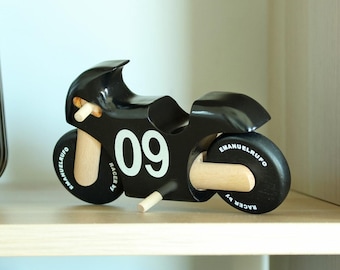 Black Wooden Racing Motorcycle, Handmade Toy for boys, girls
