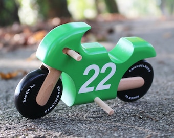 Green Wooden Toy Motorcycle, Gift for Boys, Girls, Eco-friendly Handmade Toy