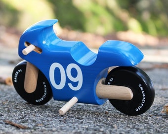 Blue Wooden Toy Motorcycle Gift, Handmade Toy for Boys, Girls