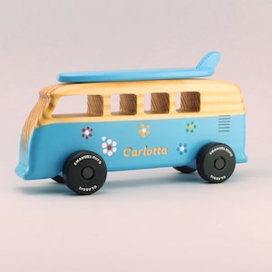 Blue personalized wooden toy van, engraved name, Handmade gift image 1