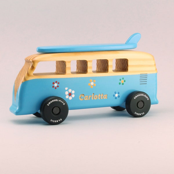 Blue personalized wooden toy van, engraved name, Handmade gift