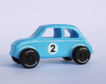 Blue Wooden Toy Car, Handmade Gift, CL 14 Classic Car, Inspired by the 500 Italian Small Car