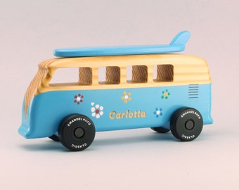 Blue personalized wooden toy van, engraved name, Handmade gift
