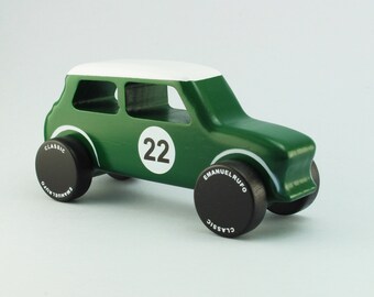 British Racing Green Wooden Car Toy, Eco-friendly Wooden Toy, Classic Toy Car for Kids, CL 15, Inspired by the Iconic Mini English Car.