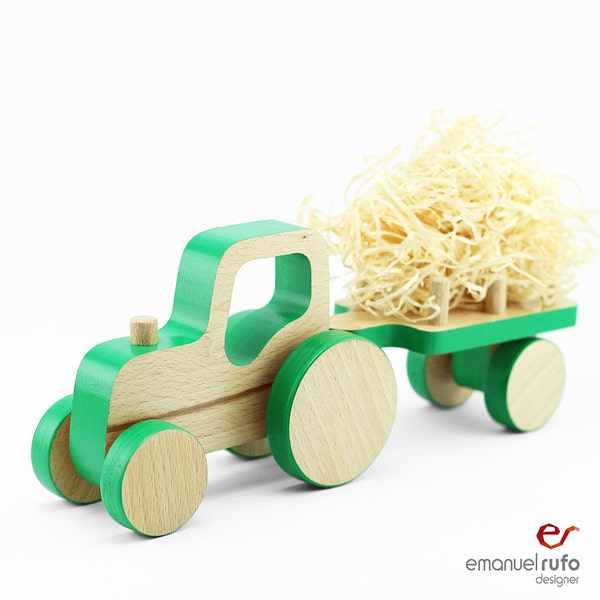 Holz-Schiebespielzeug - Traktor Geburtstag - Holz-Traktor mit Anhänger Spielzeug - Kleinkind Geschenk Junge - Nachziehspielzeug für Kleinkinder