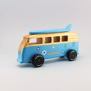 Blue personalized wooden toy van, engraved name, Handmade gift image 3