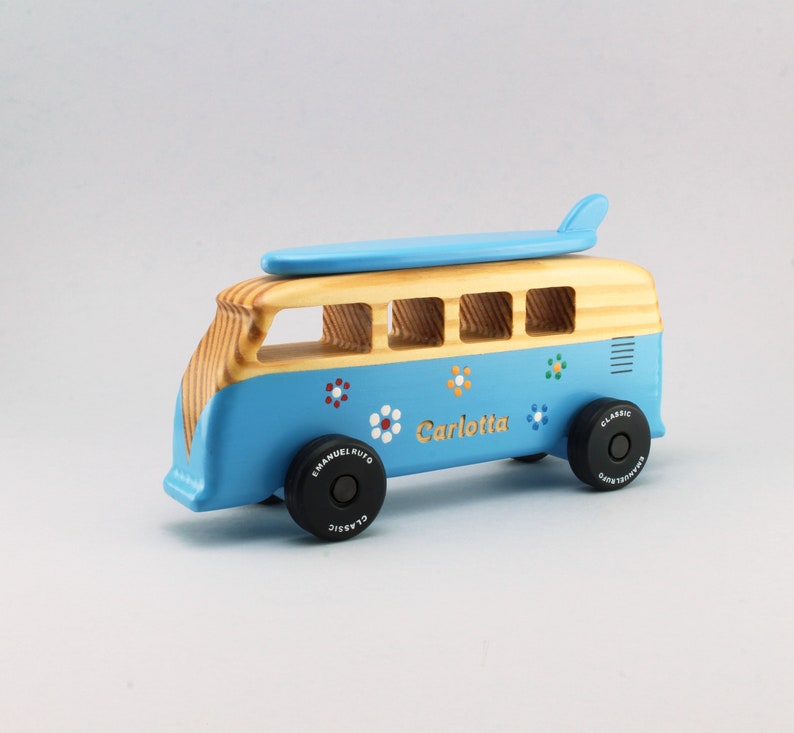 Blue personalized wooden toy van, engraved name, Handmade gift image 3