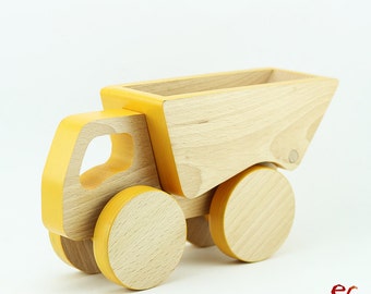 Wooden Push Toy Car, Toddler Birthday Gift Boy, Yellow Truck Toy, Push Toy for Toddlers