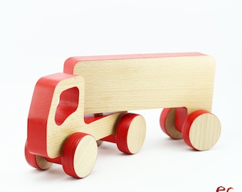 Truck Wooden Toy, Red Wooden Truck with Trailer Toy, Toddler Birthday Gift Boy, Push toy for Toddlers