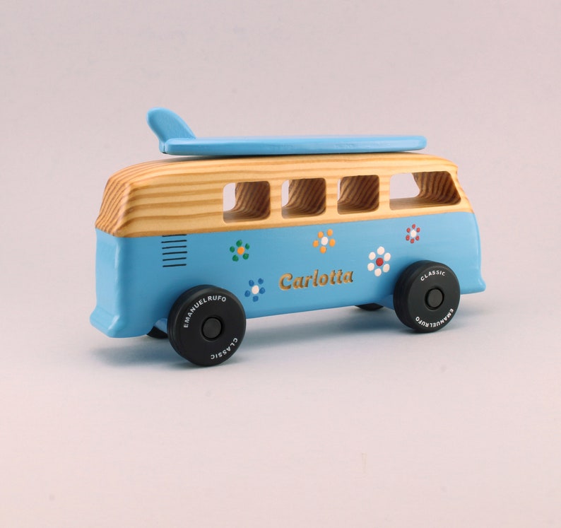 Blue personalized wooden toy van, engraved name, Handmade gift image 2