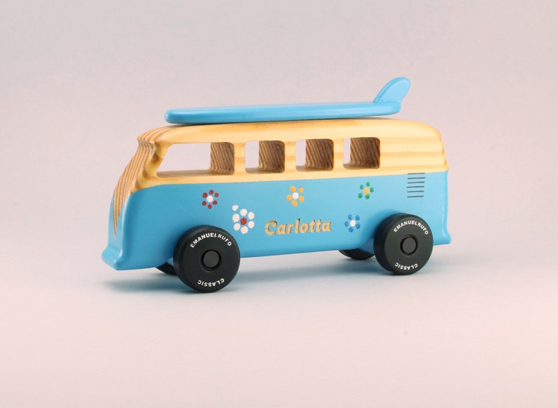 Blue personalized wooden toy van, engraved name, Handmade gift image 1