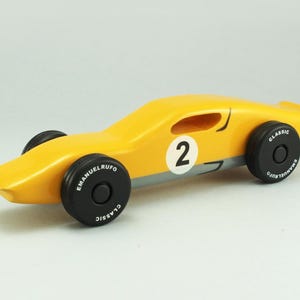 Yellow wooden toy car, CL 04, Inspired by a Classic Italian Sports Car
