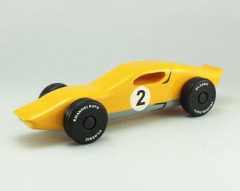 Yellow wooden toy car, CL 04, Inspired by a Classic Italian Sports Car