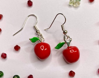 Red Apple Enamel Earrings - silver colour charms with red and green enamel finish
