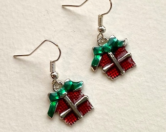 Silver, red and green enamel wrapped present  Christmas Earrings