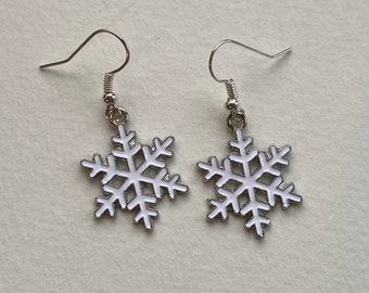 Silver and white enamel snowflake Christmas Earrings