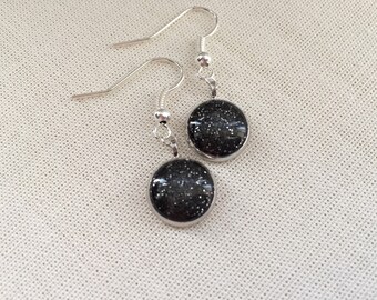 Black Silver Glitter Drop Earrings - Steampunk Inspired Rock Chick Sparkle Jewellery