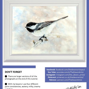 The first page of the lesson with links to Paul's other online channels, and the finished painting of the chickadee in a white frame.