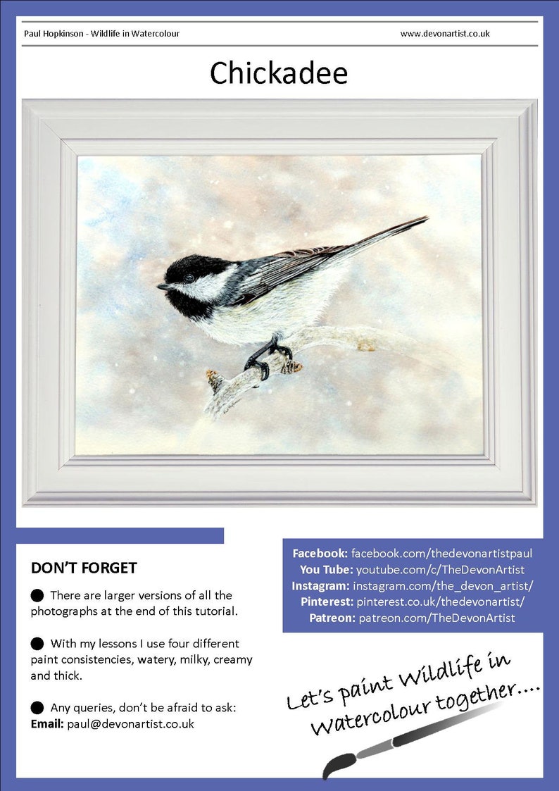 The first page of the lesson with links to Paul's other online channels, and the finished painting of the chickadee in a white frame.