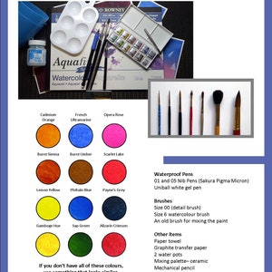 The materials section of the lesson with details on the brushes and pens that are needed, alongside other equipment.  There are also circular colour swatches for the paint colours.