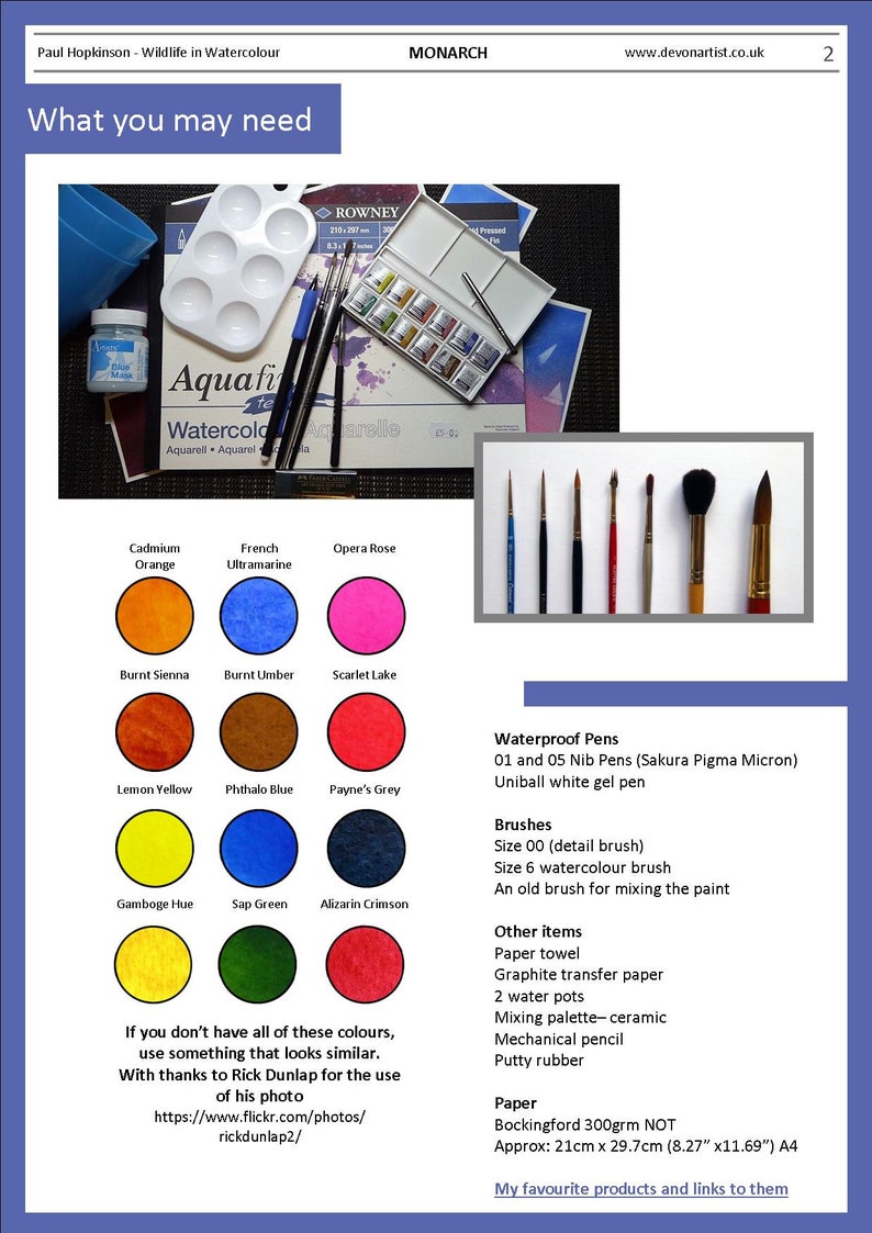 The materials section of the lesson with details on the brushes and pens that are needed, alongside other equipment.  There are also circular colour swatches for the paint colours.