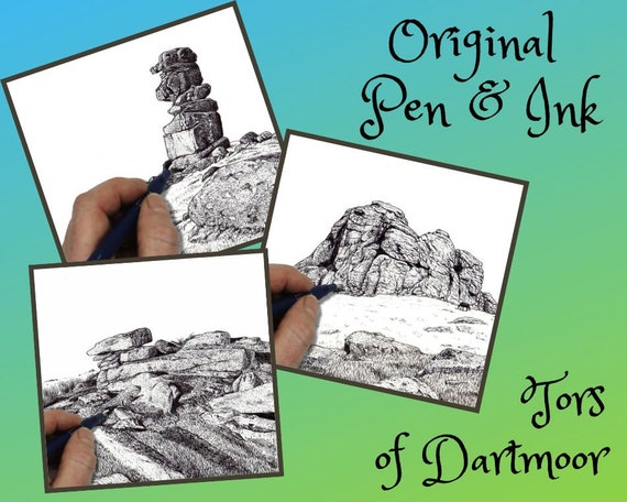 ORIGINAL Ink Illustrations of Dartmoor Tors, Pen & Ink Landscape