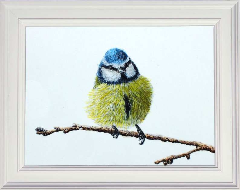 The finished blue tit painting in a white frame.  The bird is facing forward, it has a blue head, with white cheeks and dark lines around the cheeks.  The chest is yellow with a dark patch in the centre.  The bird is painted realistically.
