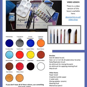 The second page of the lesson which lists the materials that may be needed for the lesson.  The paint colours are shown as swatches with their names underneath.