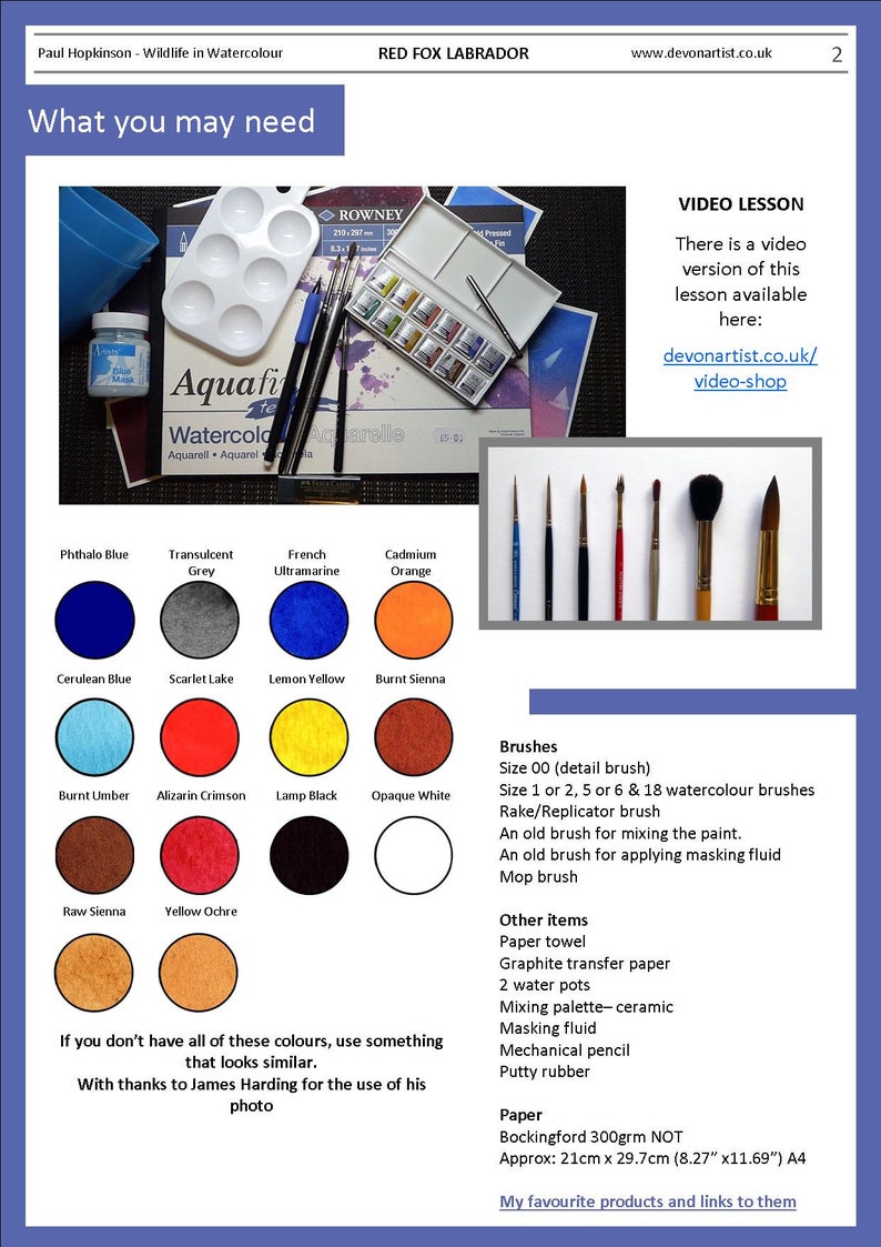 The second page of the lesson which lists the materials that may be needed for the lesson.  The paint colours are shown as swatches with their names underneath.