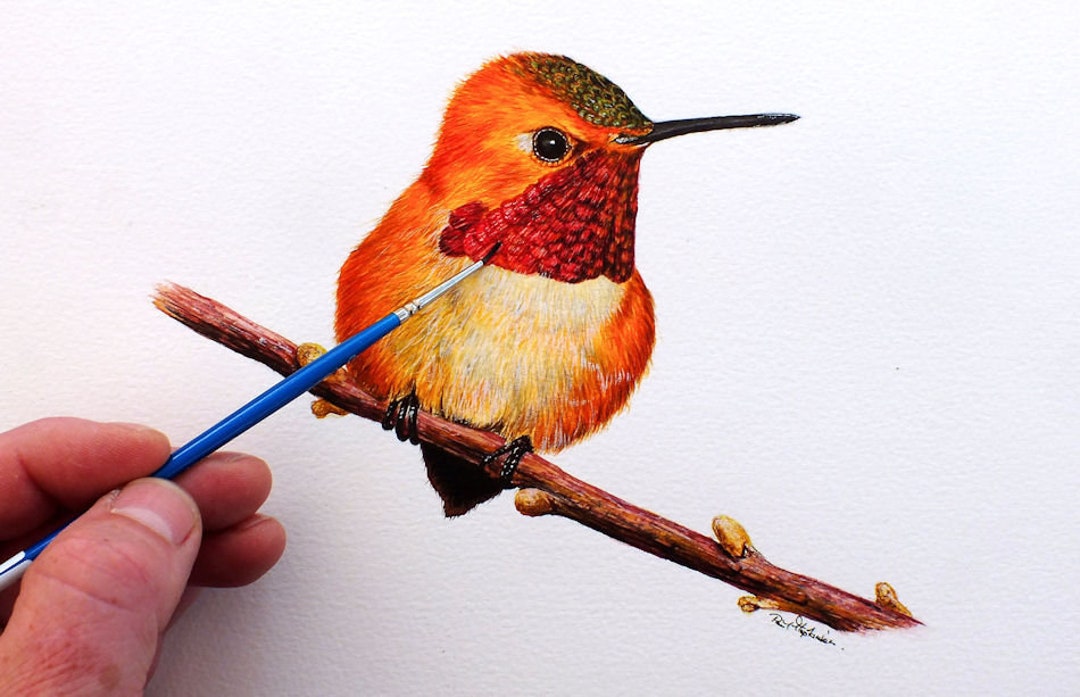 オリジナルのハチドリの絵画、リアルで詳細な水彩画、水彩画の鳥