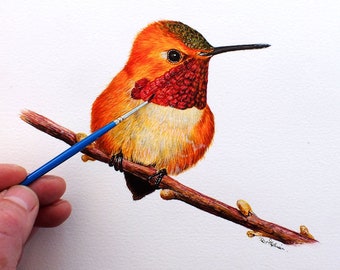 ORIGINAL Hummingbird Painting, Realistic Detailed Watercolor, Watercolour Bird Painting, Wildlife Artwork, Bird Illustration