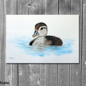 Wood duckling original painting shown against a grey wood panelled wall