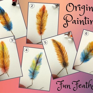 Original Watercolour Feather Paintings, Colourful Watercolor Wall Art, Affordable Art, Feather Art image 1