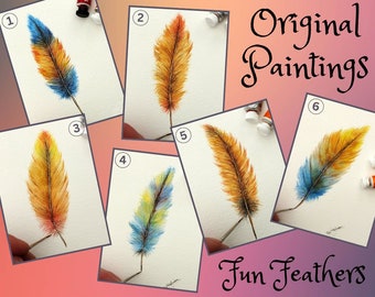 Original Watercolour Feather Paintings, Colourful Watercolor Wall Art, Affordable Art, Feather Art