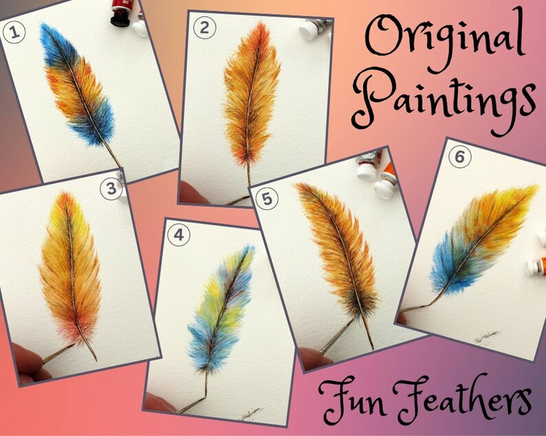 Original Watercolour Feather Paintings, Colourful Watercolor Wall Art, Affordable Art, Feather Art image 1