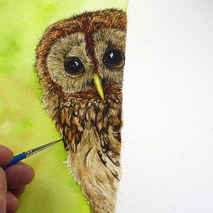 In this photo, Paul is working on the fine feather detail.  These are painted realistically with the tiny brush shown in the photo.