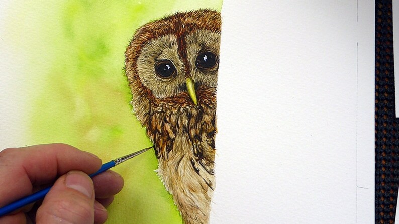 In this photo, Paul is working on the fine feather detail.  These are painted realistically with the tiny brush shown in the photo.