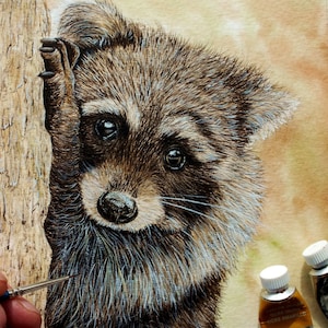 野生動物の絵画レッスン、水彩アライグマのチュートリアル、水彩で毛皮を描く方法を学ぶ、リアルな動物のイラスト